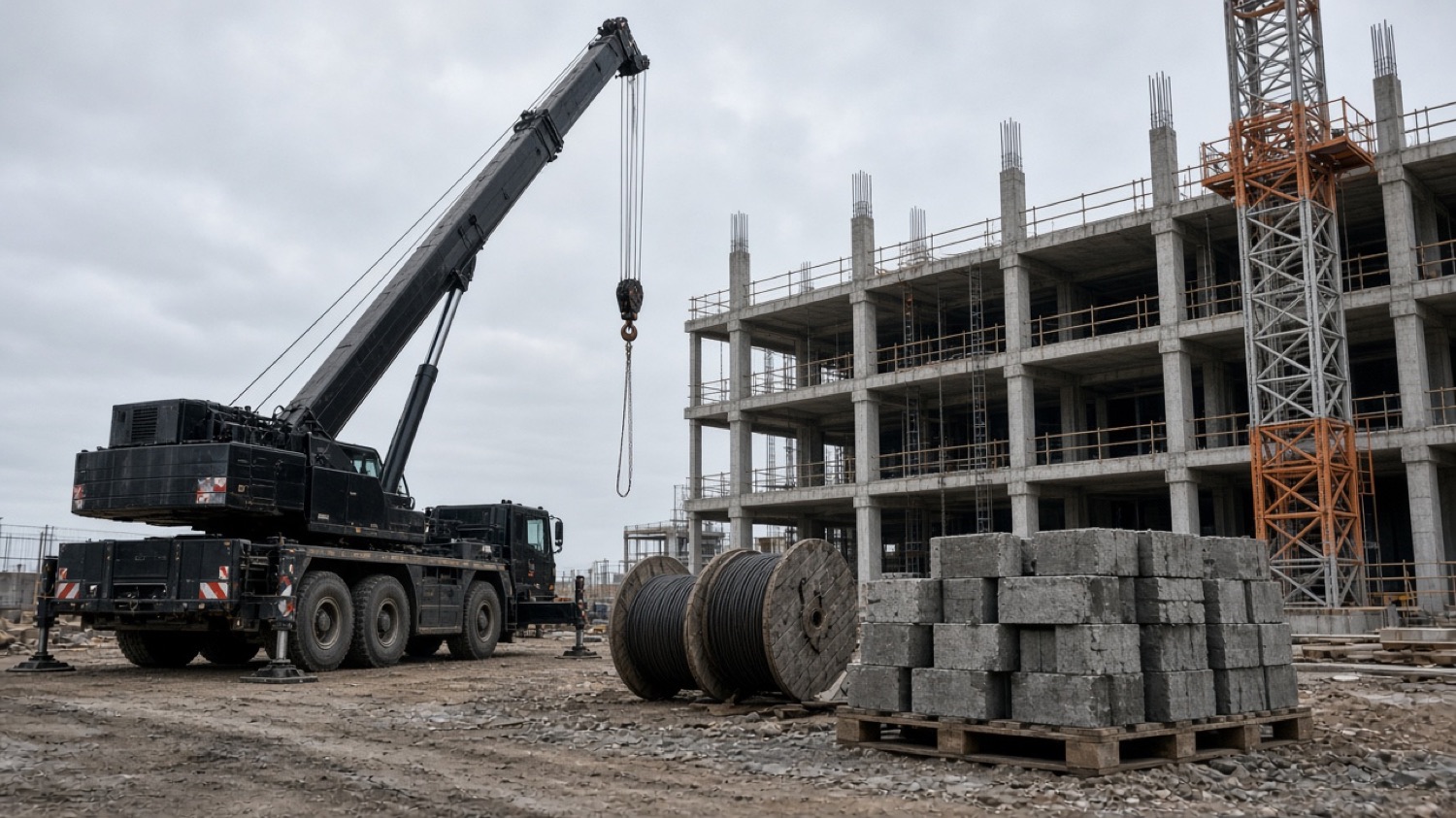 Mobile crane and materials hoist beside a concrete building frame