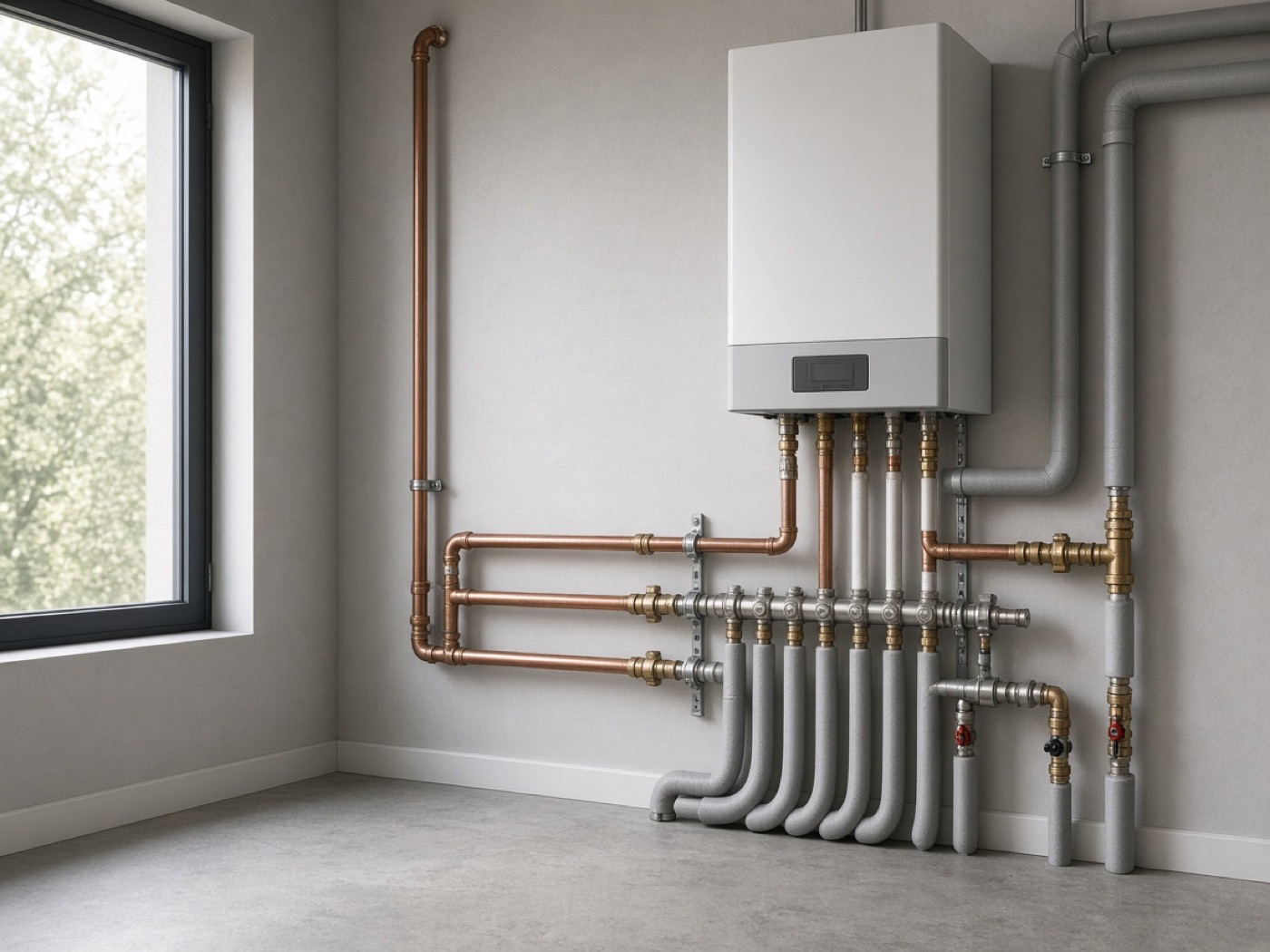 Boiler, manifolds, and valves in a heating and plumbing room