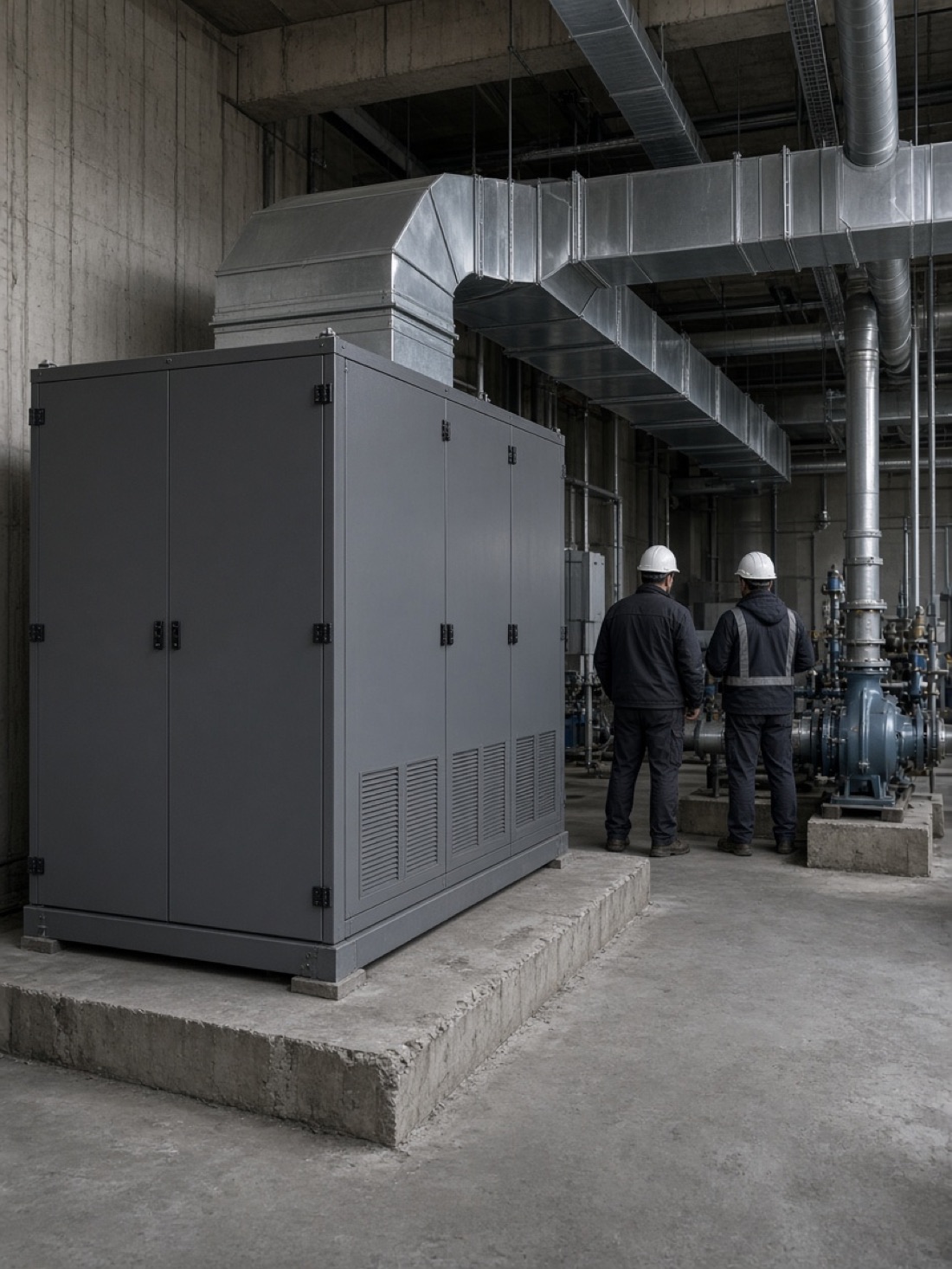 Air-handling unit set on a pad inside a mechanical room during installation