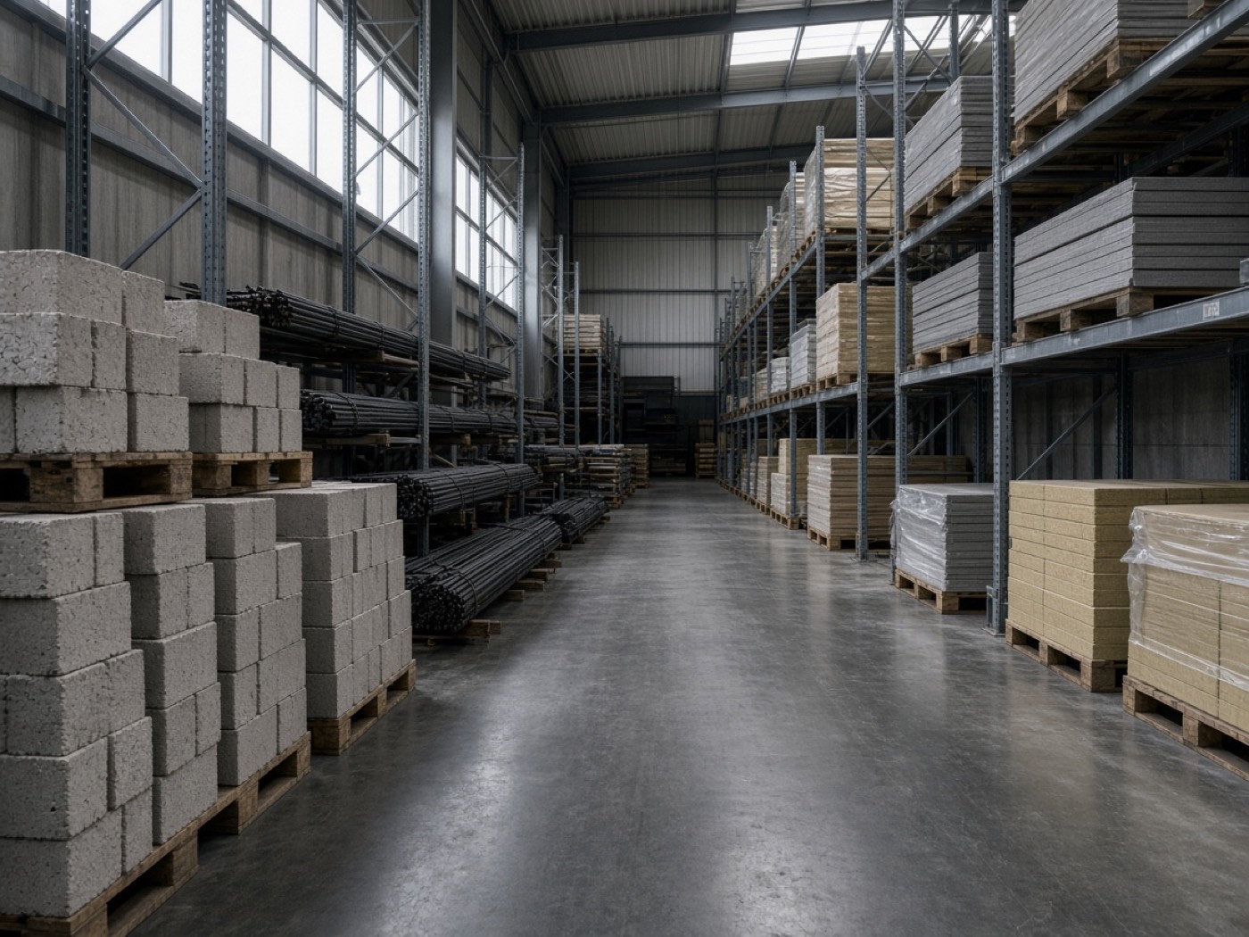Warehouse aisle with pallets of block, rebar bundles, and insulation on steel racks